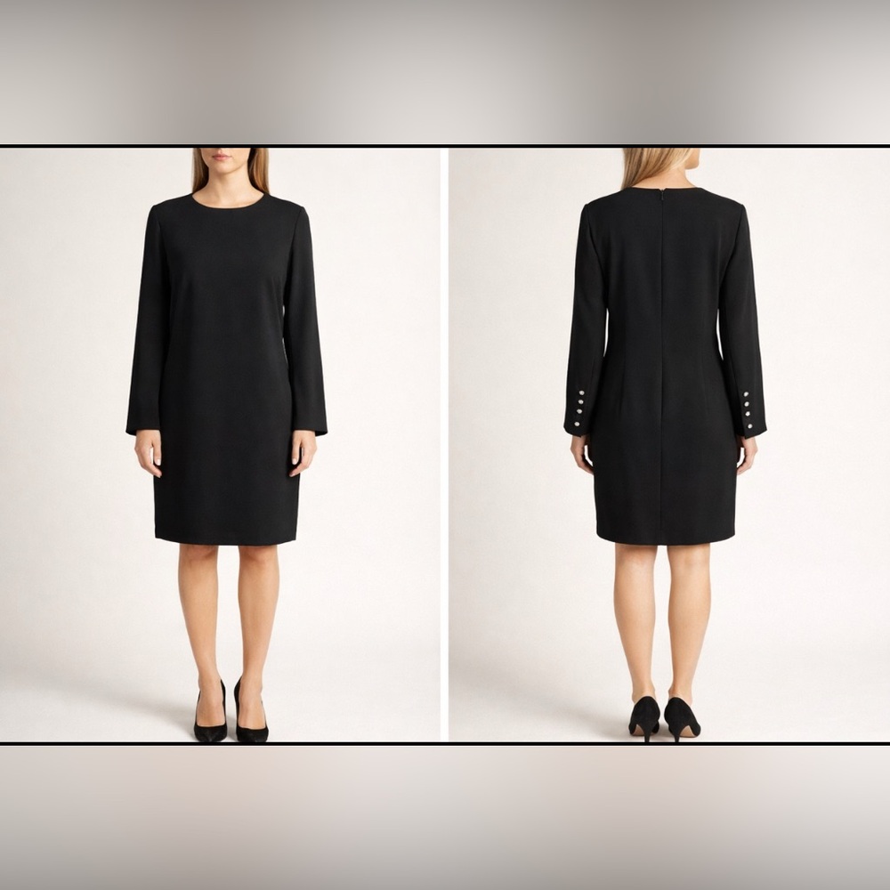 Talbots Dress Black 6 Long Sleeve Crystal Buttons Sheath